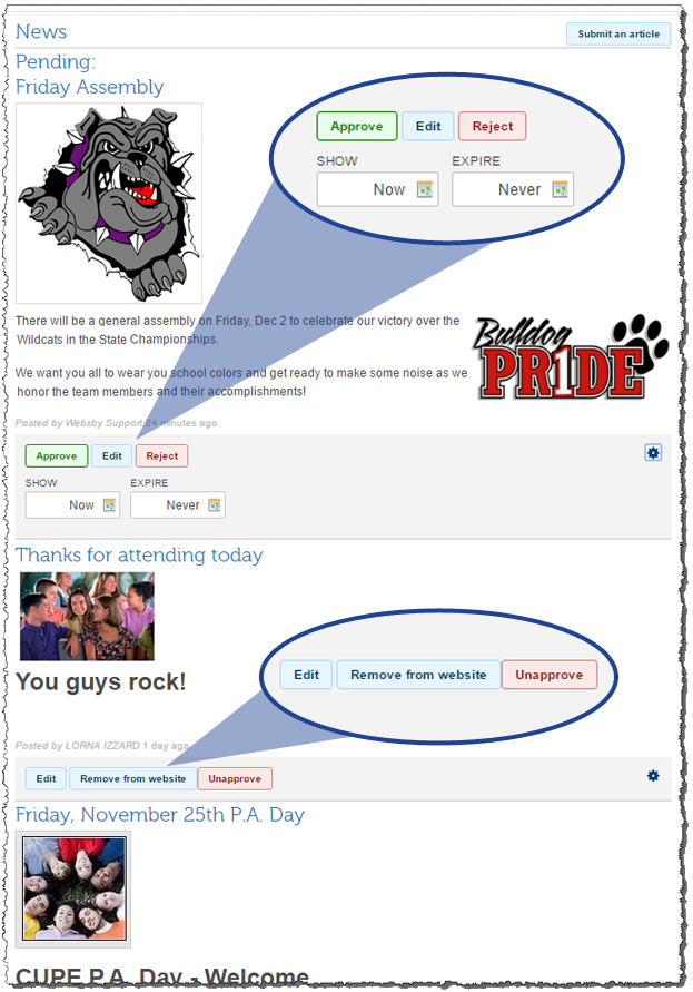 an image showing the controls on the school news object to publish to or remove from the website